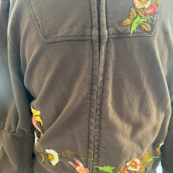 Anthropologie Saturday Sunday Hoodie M Gray Brown Floral Embroidered Boho Cotton - Picture 2 of 10